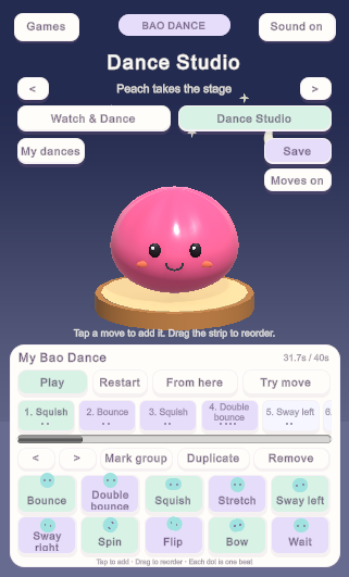 Development preview of Dance Studio with a Bao and an editable sequence of moves